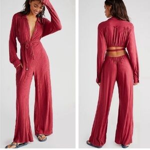 Free people elai one piece jumpsuit red mauve ribbed romper size M NWT